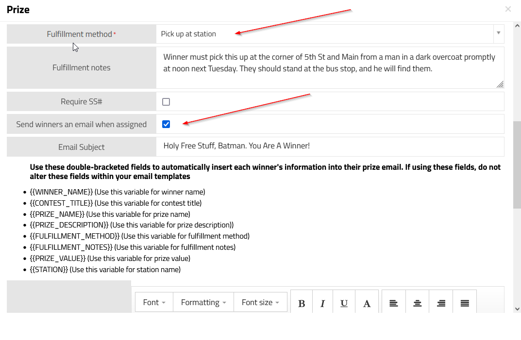vPromo Settings: Winner Email Template